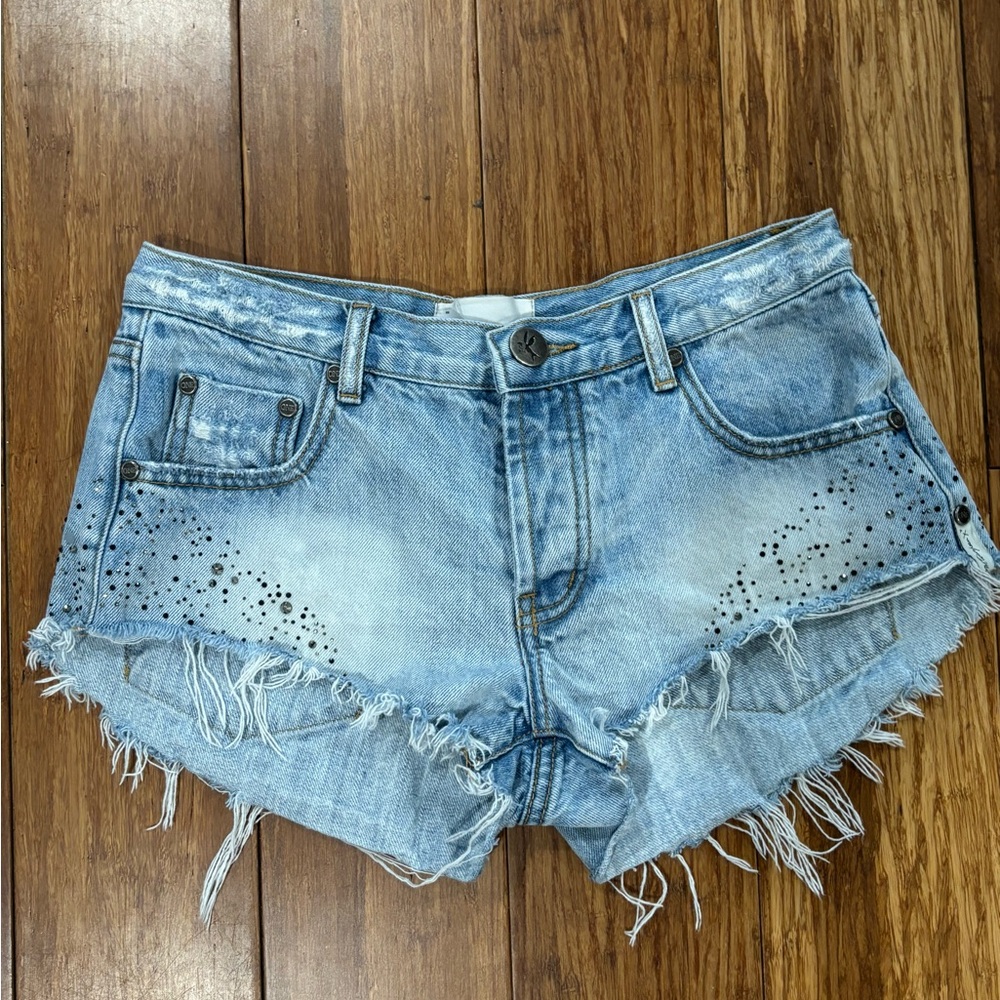 One Teaspoon Light Blue Distressed Jean Shorts